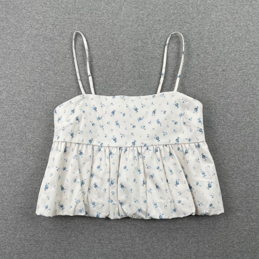 Abound Nordstrom Bubble Peplum Crop Top Womens L White Blue Ditsy Floral Tank